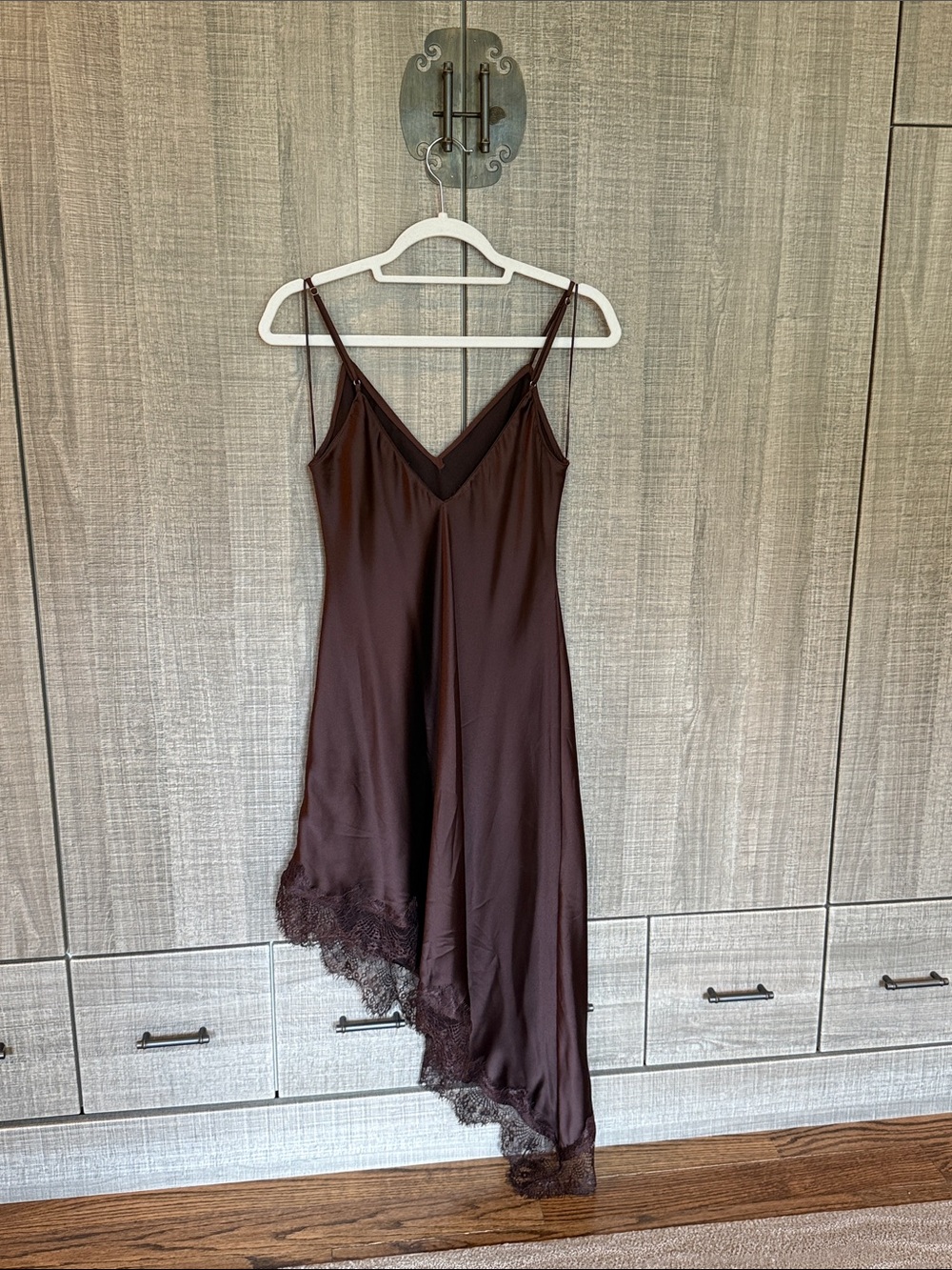 Zara Satin Slip Dress with Lace Hem in Deep Brown - Picture 4 of 17